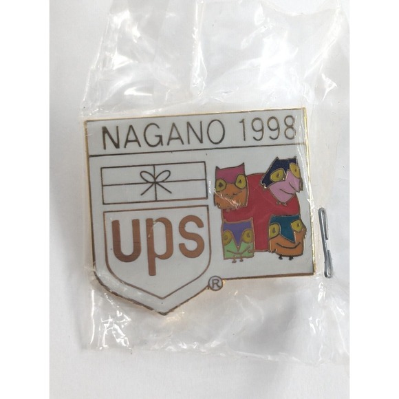 UPS United Parcel Service Logo Nagano 1998 Olympic Mascot Owls Japan Flag Pin - Picture 5 of 6